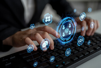 People networking and digital community with teamwork, partnership, collaboration and connection...