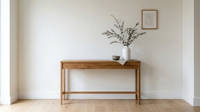 Minimalist interior design featuring a wooden console table with a vase of eucalyptus and framed artwork against a white wall