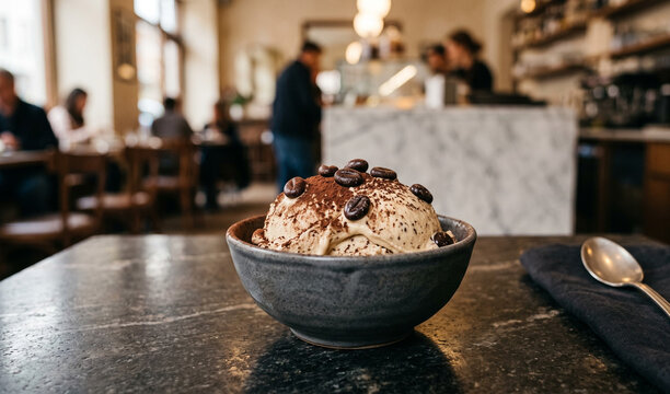 Creamy espresso stracciatella gelato garnished with chocolate-covered coffee beans and cocoa powder dusting, 