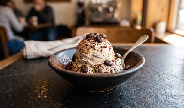 Creamy espresso stracciatella gelato garnished with chocolate-covered coffee beans and cocoa powder dusting, 