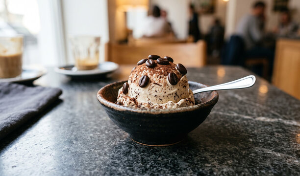 Creamy espresso stracciatella gelato garnished with chocolate-covered coffee beans and cocoa powder dusting, 