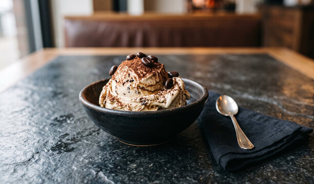 Creamy espresso stracciatella gelato garnished with chocolate-covered coffee beans and cocoa powder dusting, 