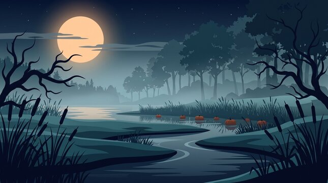 Full moon rising over a dark spooky swamp landscape with bare trees and a winding river at night