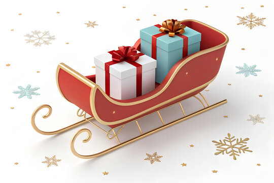 Miniature red sleigh carrying christmas gift boxes on snowflake surface