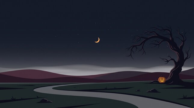Spooky halloween pumpkin under a dead tree at night with a crescent moon in the dark sky