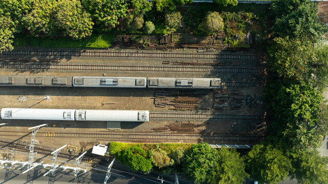 Overhead view of trains and railway lines in Yogyakarta