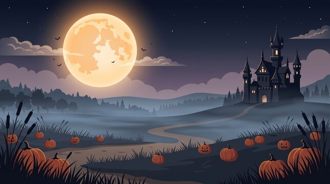 Spooky pixel art halloween landscape with big full moon dark castle and pumpkins in the field