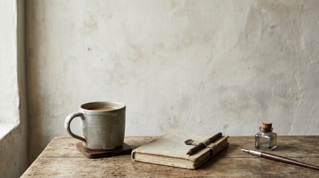 Coffee cup notebook and writing tools on rustic table