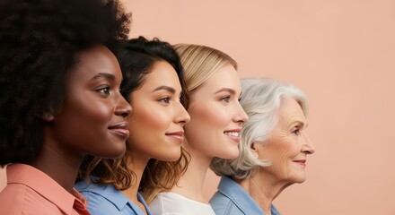 Fototapeta premium Diverse Group of Women of Different Ages and Ethnicities Standing in Profile Against a Neutral Background