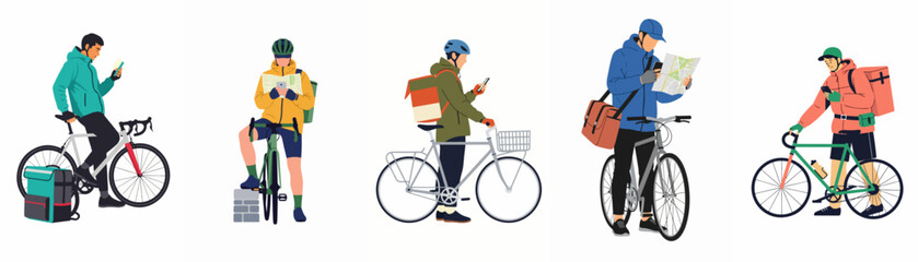 Fototapeta premium Set of flat vector illustrations featuring various bicycle delivery couriers using maps and smartphones to navigate city routes on a white background.
