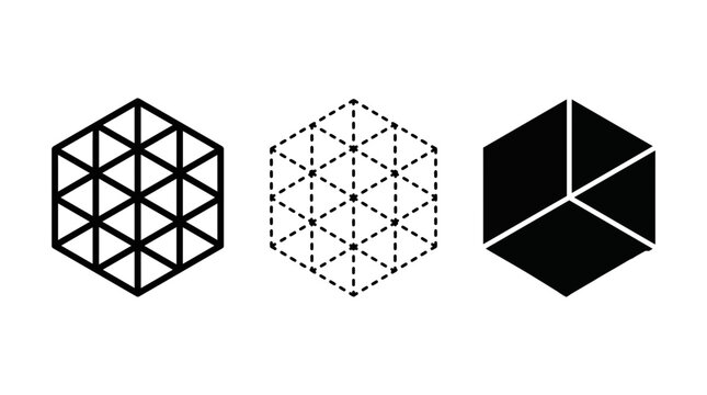 Three geometric hexagon and cube logos featuring triangular lattice and dot patterns for modern tech branding and design.