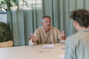 Fototapeta premium Senior man in a ribbed knit cardigan explaining a concept during a meeting with a young adult, featuring soft window light and a calm sage green background for advisory and consulting services