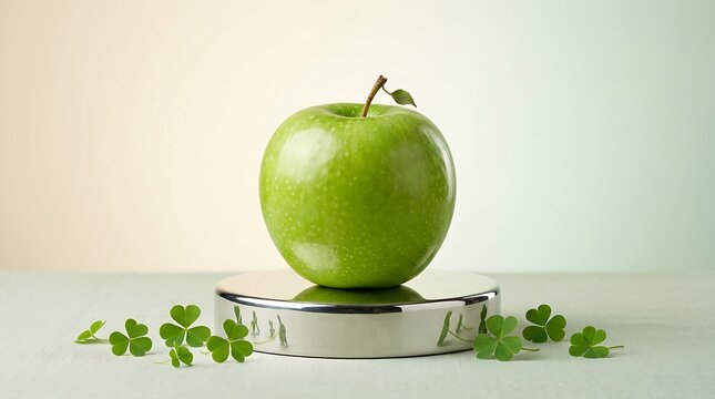 Green apple balanced on silver weighing scale with shamrocks