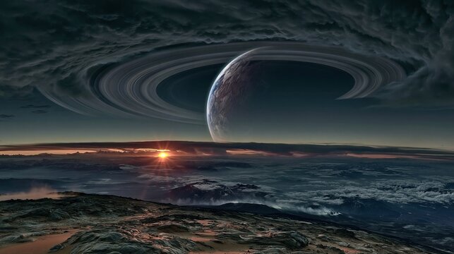 A massive ringed planet looming over an alien mountain landscape at sunset with dusty peaks and a stormy sky for science fiction concepts