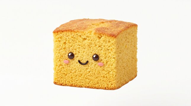 Smiling cornbread loaf character with cute face design for playful food branding and marketing