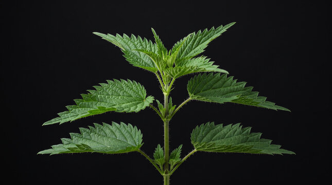 Green stinging nettle plant against black background.