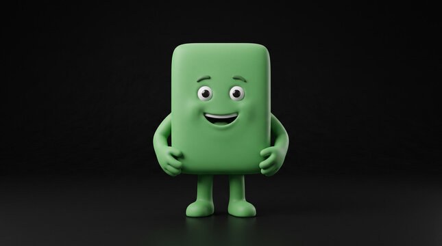 Happy 3D green cube character mascot.
