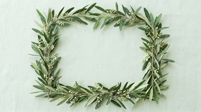 Rectangular olive leaf wreath frame on light background.