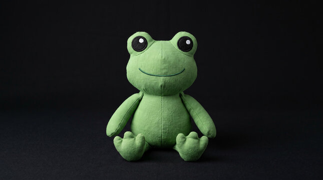 Green plush frog toy on dark background.