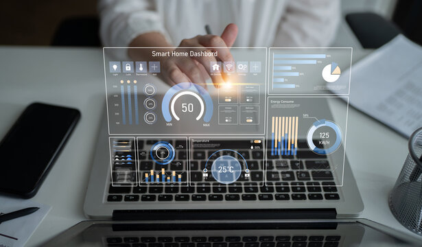 Smart home dashboard manages IoT system. Smart home dashboard controls temperature, dashboard tracks energy, smart home handles devices, and smart home dashboard monitors data. Latch