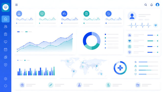 Medical analytics web dashboard user interface template with charts graphs and world map mockup vector layout