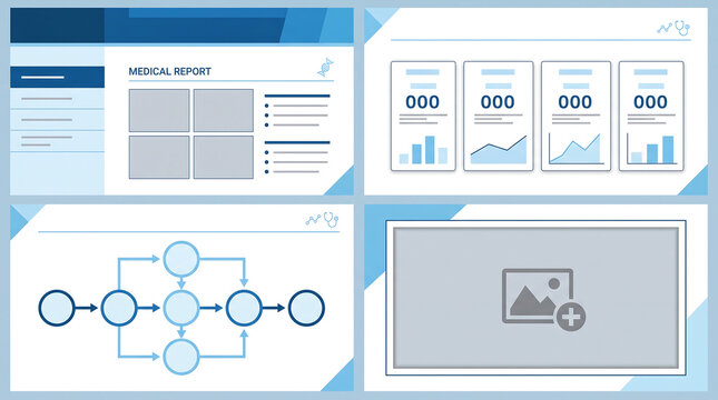 Medical report dashboard template with infographic elements, charts, and process diagrams