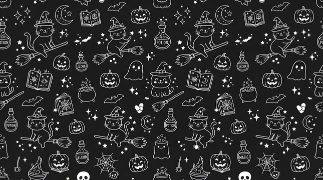 Seamless pattern with cute witch cats and halloween elements