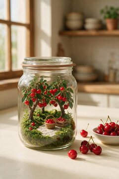 Miniature cherry picking scene inside a clear glass jar, featuring tiny trees and baskets in a warm kitchen setting with copy space for jam advertising