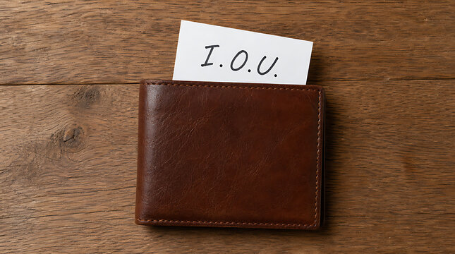 Leather wallet with an IOU note symbolizing debt, financial trouble, empty funds, and lack of money