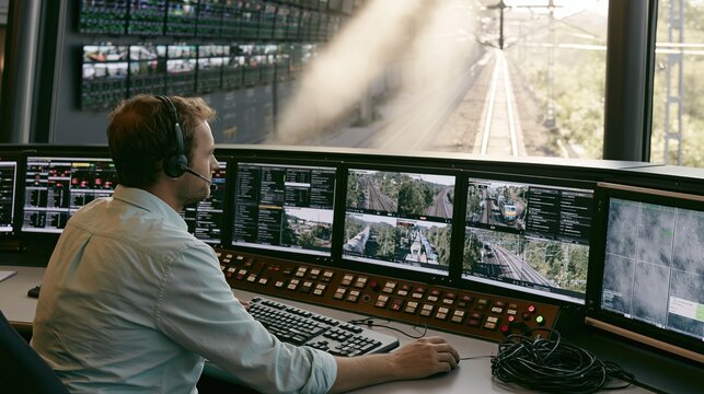 A focused man monitors a train control center from a technical console with multiple screens, featuring a matte finish and atmospheric light beams for transport logistics and infrastructure operations