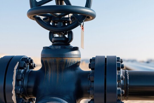 Lockout tag hanging from a blue industrial valve wheel, featuring weathered metal textures and rust streaks for oilfield safety and asset integrity