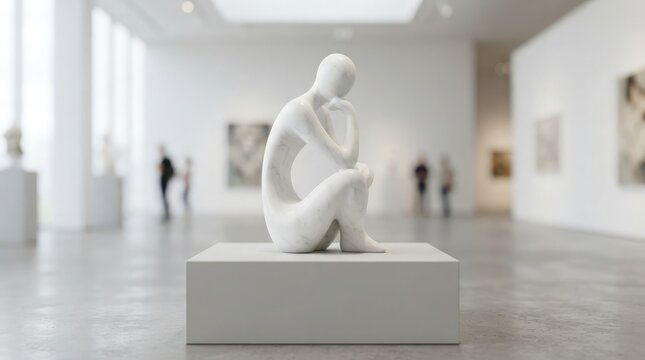 A minimalist white abstract sculpture of a seated person in deep thought displayed on a simple pedestal in a bright contemporary art gallery exhibition space with blurred visitors in the background