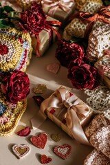 Fototapeta premium Deep crimson rose blooms and wrapped gift boxes with satin ribbons and glitter hearts on a warm textured surface for a romantic Valentines Day greeting