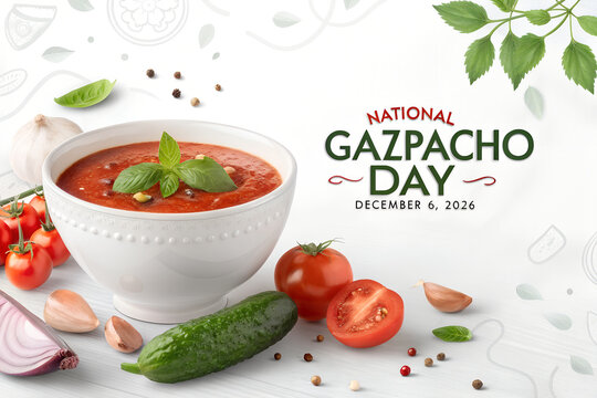 Fresh homemade gazpacho soup with vegetables for national gazpacho day, gazpacho