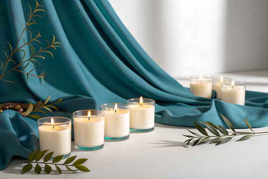 Set of lit scented candles with greenery against blue fabric backdrop, relaxing