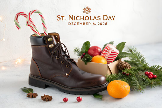 Traditional st nicholas day holiday setting with leather boot and sweets