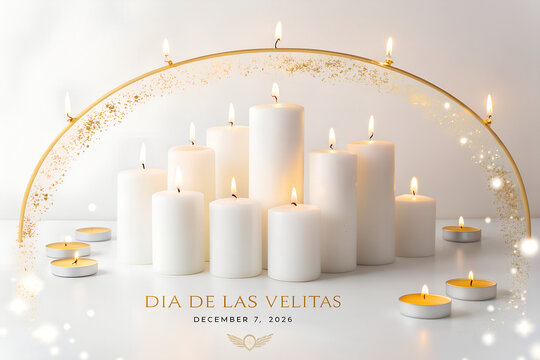 Dia de las velitas holiday celebration with glowing candles under arched frame
