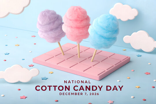 National cotton candy day decorative illustration with pastel clouds, carnival