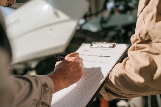 Hand writing on a maintenance checklist clipboard, featuring weathered textures and a muted color palette for industrial service and asset management