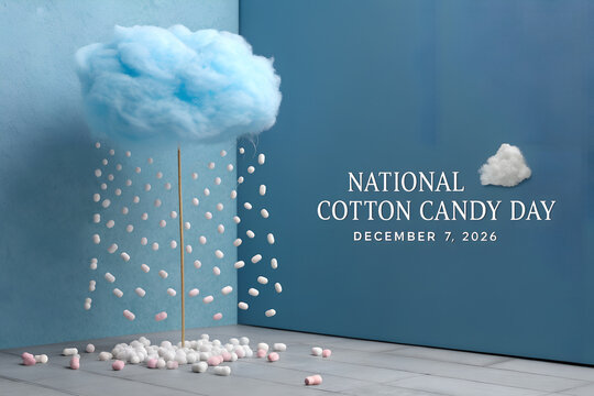 National cotton candy day concept with blue fluffy cloud raining sweets