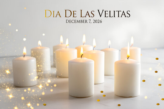 Dia de las velitas celebration with lit white candles and golden bokeh lights