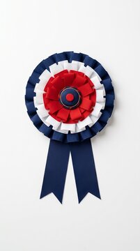 A colorful rosette award with patriotic red, white, and blue ribbons and fabric layers, perfect for celebrating achievements and victories.