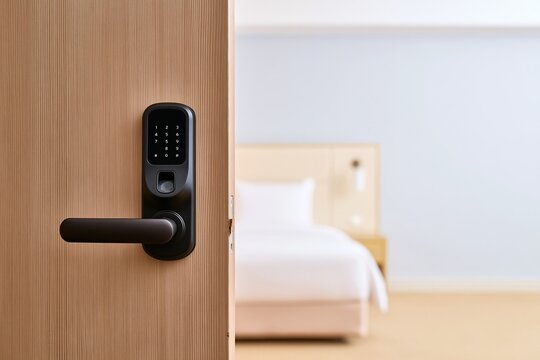 Smart lock handle on a mocha brown timber door standing ajar, featuring a brushed metal keypad and fingerprint reader for hospitality security, with copy space