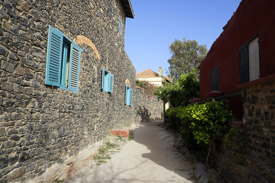 A narrow sandy alley winds past a textured stone building with light blue wooden shutters and vibrant foliage on Gor&eacute;e Island, Senegal