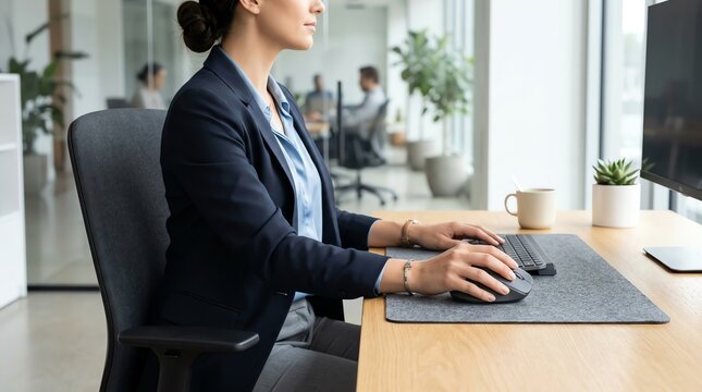 Professional businesswoman working at desk on computer with healthy ergonomics in modern bright corporate office