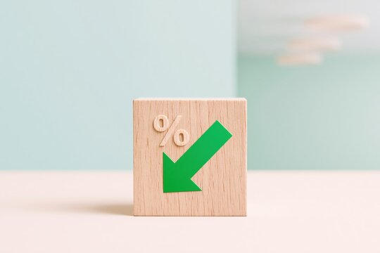 Wooden block with a green downward arrow and percent symbol, set on a smooth cream surface for finance and discount marketing with copy space