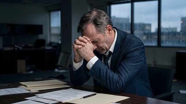 A stressed bankrupt businessman clutches his face while leaning his head down toward the table