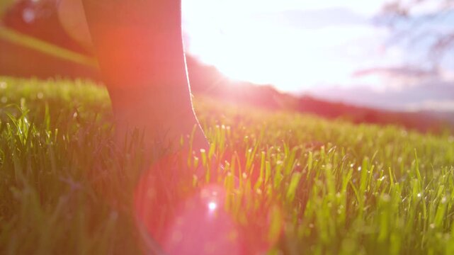 LENS FLARE, CLOSE UP, DOF: Barefoot young woman stepping through a sunlit lawn at golden hour. Natural movement and glowing grass in morning light. Freedom, mindfulness and a peaceful autumn walk.