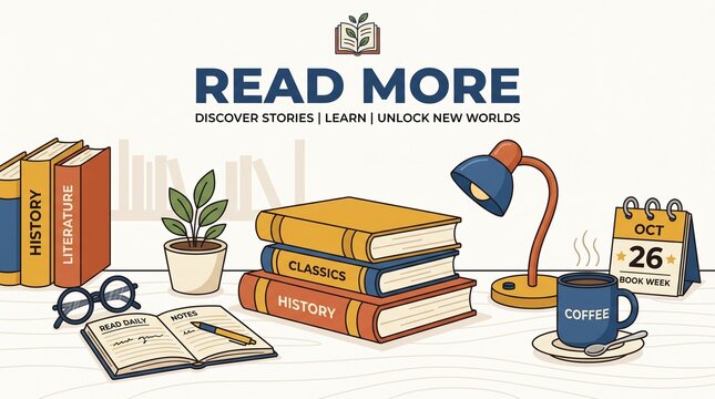 Illustration of reading and learning with books and coffee