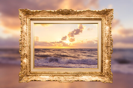 Beautiful sunset and ocean on Miami Beach in Florida on a cloudy day in vintage golden frame